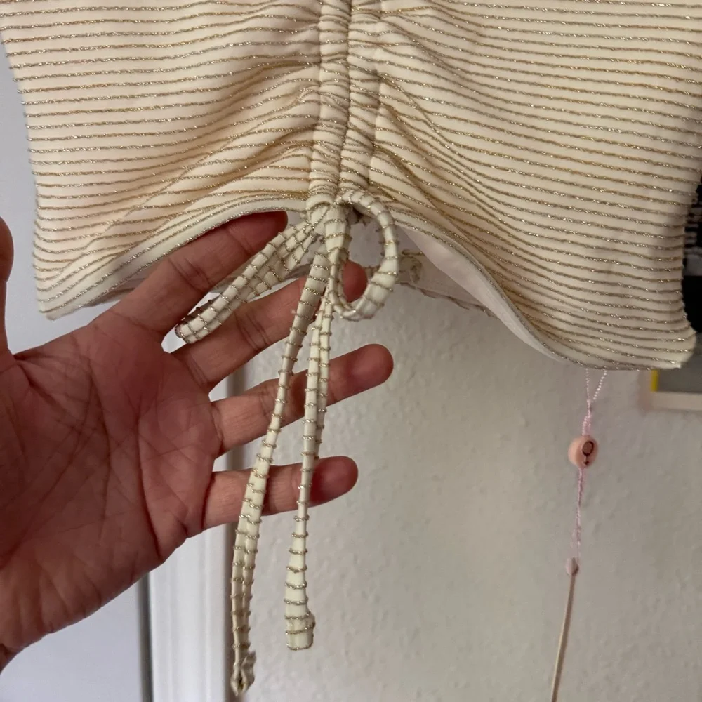 NWT P2F Gold cream metallic striped lace up‎ cropped swim top